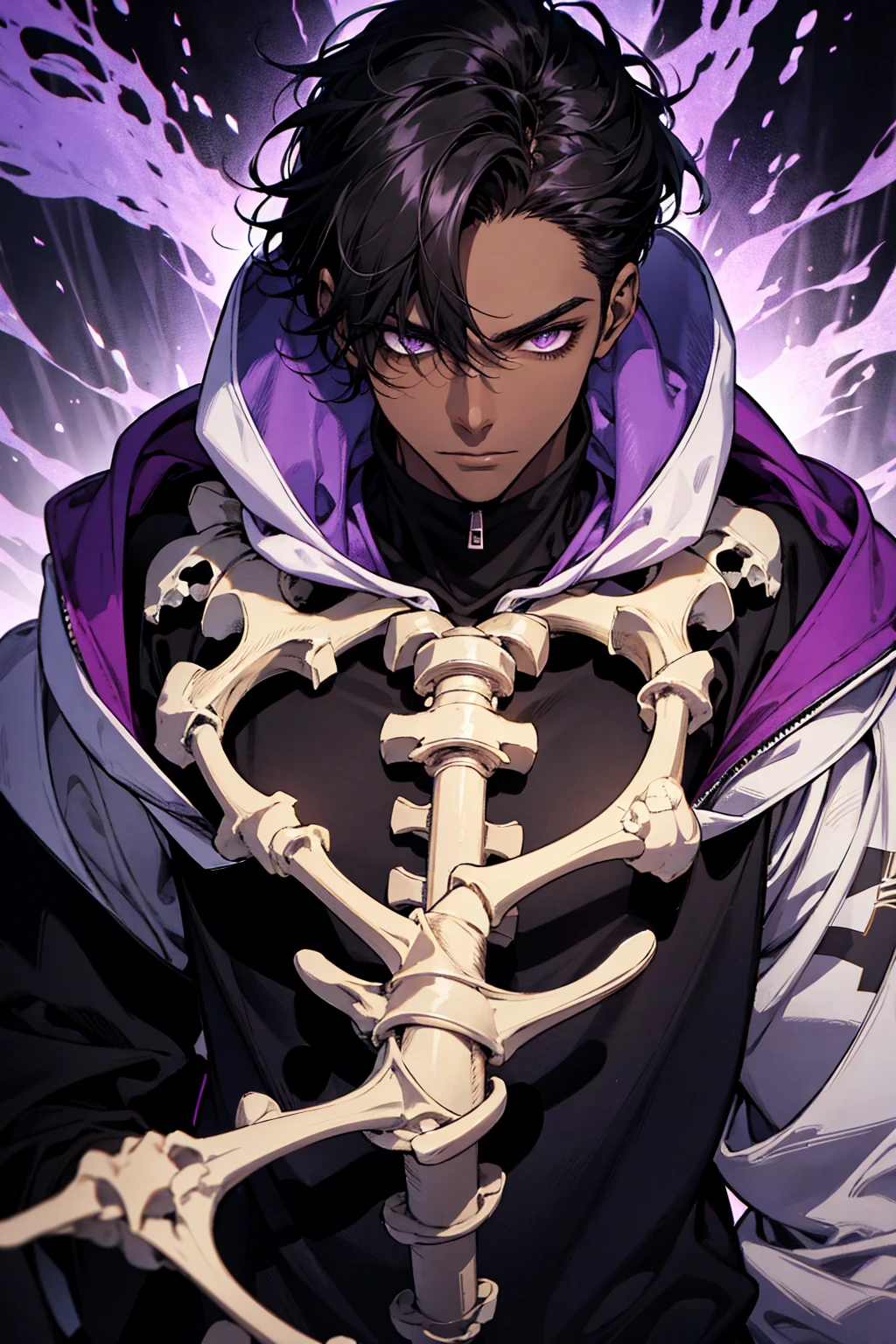 male with bones, looking away from camera, skulls, bones, handsome, black, dark skin, tall, broad shoulders, black hair, purple, purple fire, magic, detailed face, fantasy, hoodie
