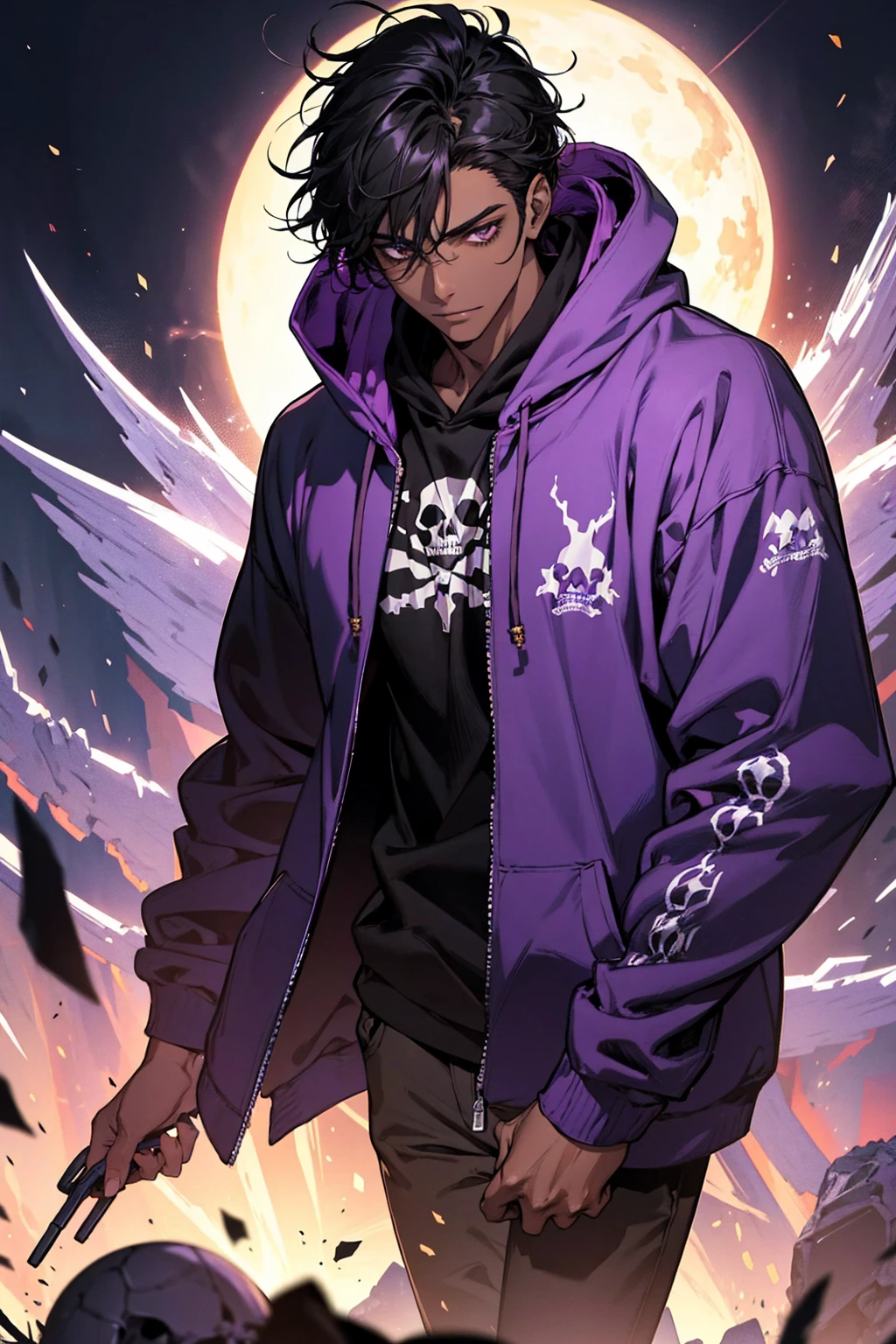 male with bones, looking away from camera, skulls, bones, handsome, black, dark skin, tall, broad shoulders, black hair, purple, purple fire, magic, detailed face, fantasy, hoodie
