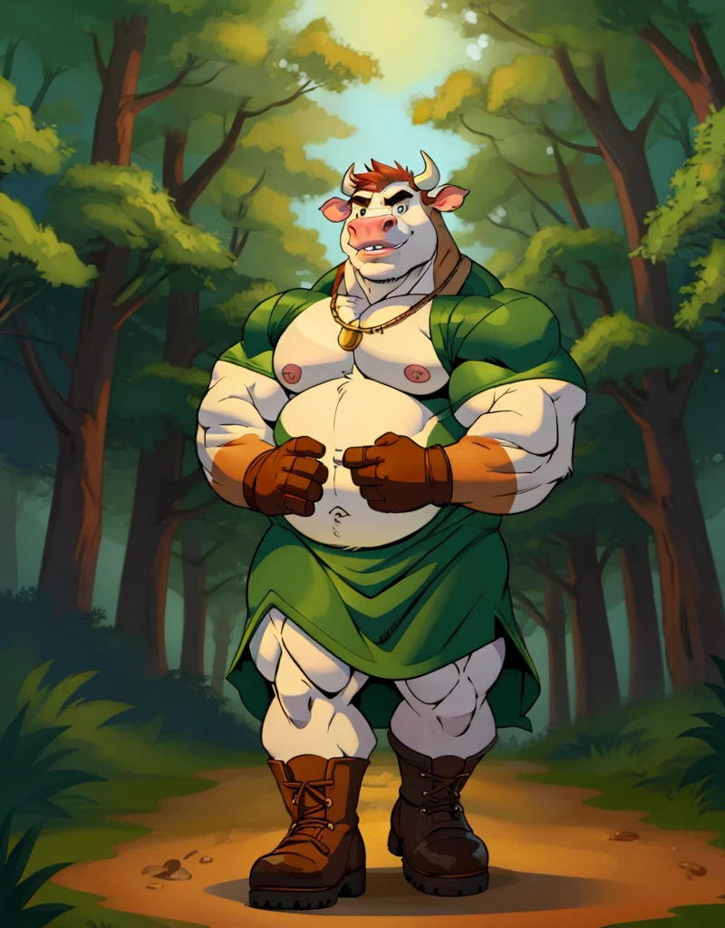 A male chubby muscular anthropomorphic cow a wearing skimppy sleavless tunic, boots, and gloves, in a forest
