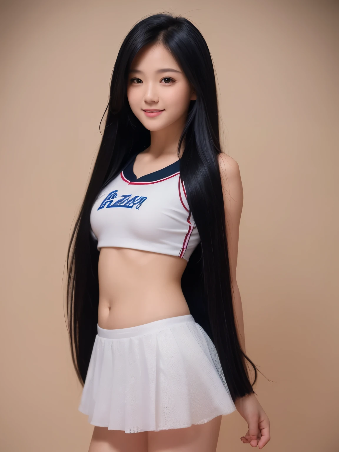 Cheerleading长,Little Smile,Cheerleading,Cheerleading长 uniform, (((masterpiece))), (((best quality))), ((Extremely detailed)), (illustration), ((Extremely delicate and beautiful)),(Bokeh,Blurred background),(The best shadow), 1 Girl,She was naked,The hair covers her nipples very well.,White, Black Hair, long hair, Kawaii,Lovely,Change, Make the highlights on the eyes sparkle, character focus,Head tilt,