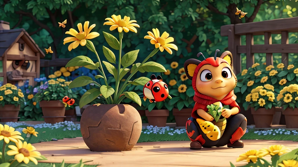 bees and ladybug pollinating a plant in a garden. (cartoon) without texts