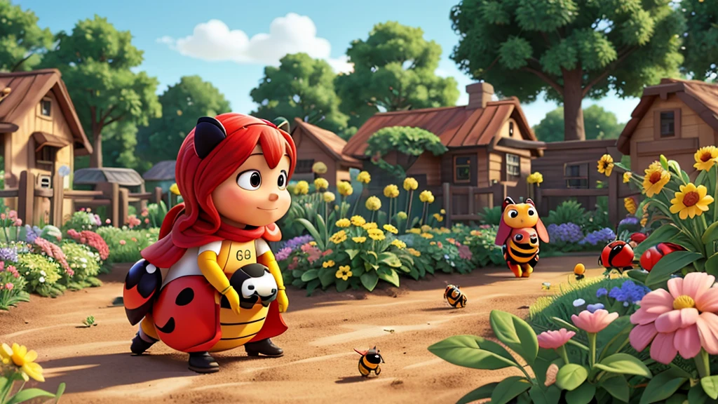 bees and ladybug pollinating a plant in a garden. (cartoon) without texts