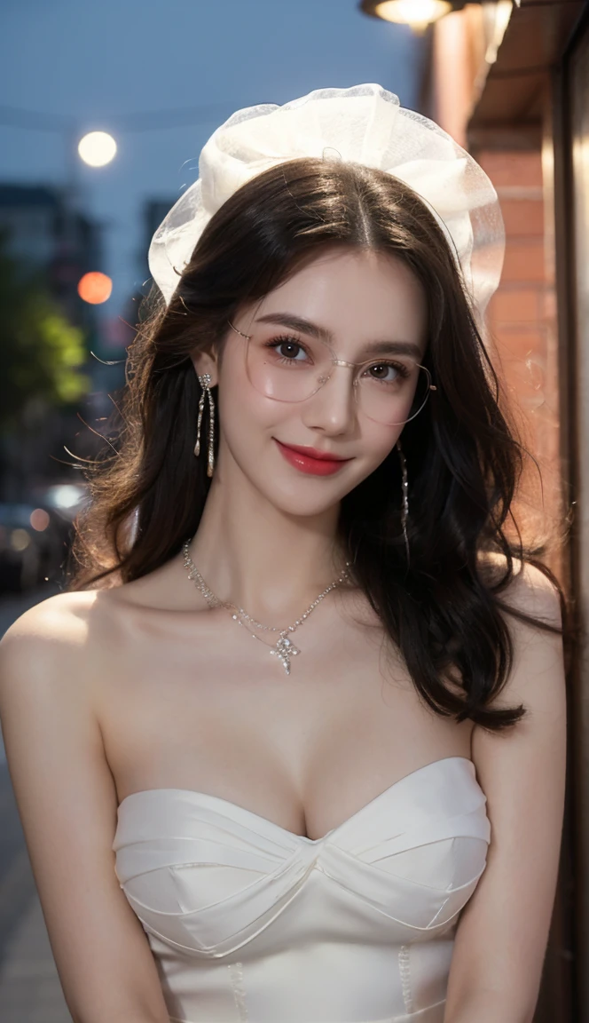 (Canon RF85mm f/1.2), (8K, RAW photos, best quality), (masterpiece), (actual, photograph actual), (Very detailed, High Detail, Best image quality, Super detailed, high resolution, Very detailed, Very detailed的描述, Ultra-fine, Extremely exquisite and beautiful work), Beautiful and delicate girl, Solo Girl, ((Perfect body)), Very detailed eyes and face, White skin, Noble beauty, ((The skin texture is delicate, Pores)), Perfect anatomical structure, Beautiful body, Delicate face, Slim abs, Slim waist), Big Ass, (Large Breasts, Breast enlargement), (Cleavage), (affectionate gaze, soulful eyes, Glowing eyes), (beautiful and clear eyes), (Bounce Curly Messy Long Hair), (Smile:1.2), (fascinated expression), (Attractive appearance), ((Cardigan,Strapless wedding dress)), ((Tight)), ((bud)), ((wear glasses)), earrings, necklace, ((night)), ((Street View, moonlight)), Physically Based Rendering, Realistic lighting, (((Upper Body))), ((looking at the audience)), ((Everlasting)), ((Happy and shy))