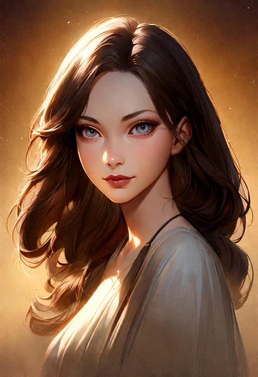 Soft portrait of a beautiful woman, flowing dark hair, captivating gaze, elegant features, radiant smile, feminine beauty, subtle makeup, striking eyes, long lashes, graceful posture, stylish attire, soft shadows, warm skin tones, detailed portrait, realistic style, high-resolution, delicate lighting, digital painting, by Sofia Bonati, Behance.