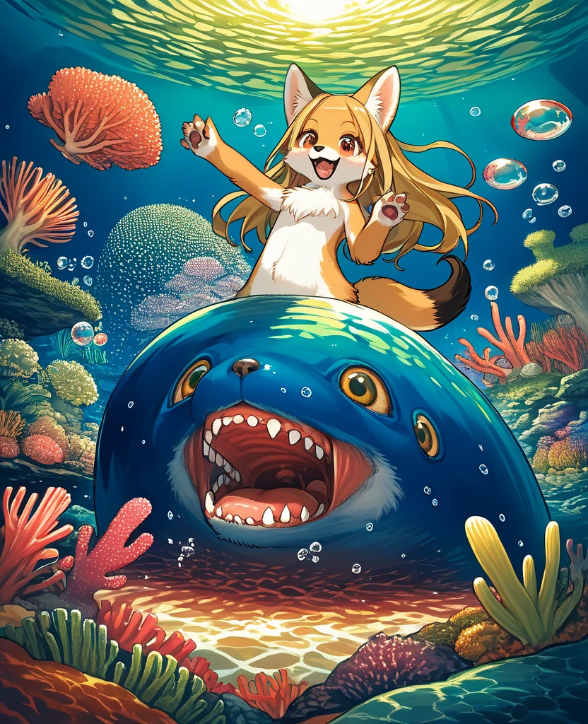 cover_page, High resolution, highest quality, highest quality, Paid reward available, High-quality illustrations, An unparalleled masterpiece, Perfect artwork, Absurd, 超High resolution, Detailed Background, seabed, Coral Reef, bubble, boy, girl, Happy, Joyful(kemono, Furry Personification),Castration surgery,