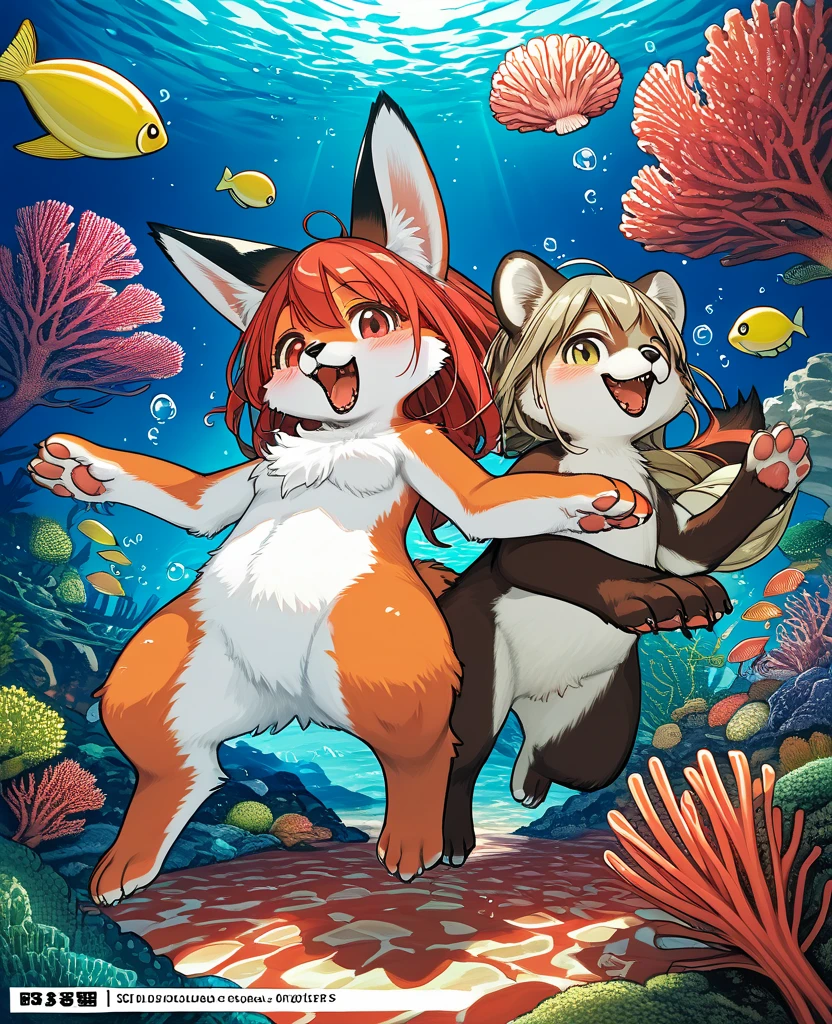 cover_page, High resolution, highest quality, highest quality, Paid reward available, High-quality illustrations, An unparalleled masterpiece, Perfect artwork, Absurd, 超High resolution, Detailed Background, seabed, Coral Reef, bubble, boy, girl, Happy, Joyful(kemono, Furry Personification),Castration surgery，