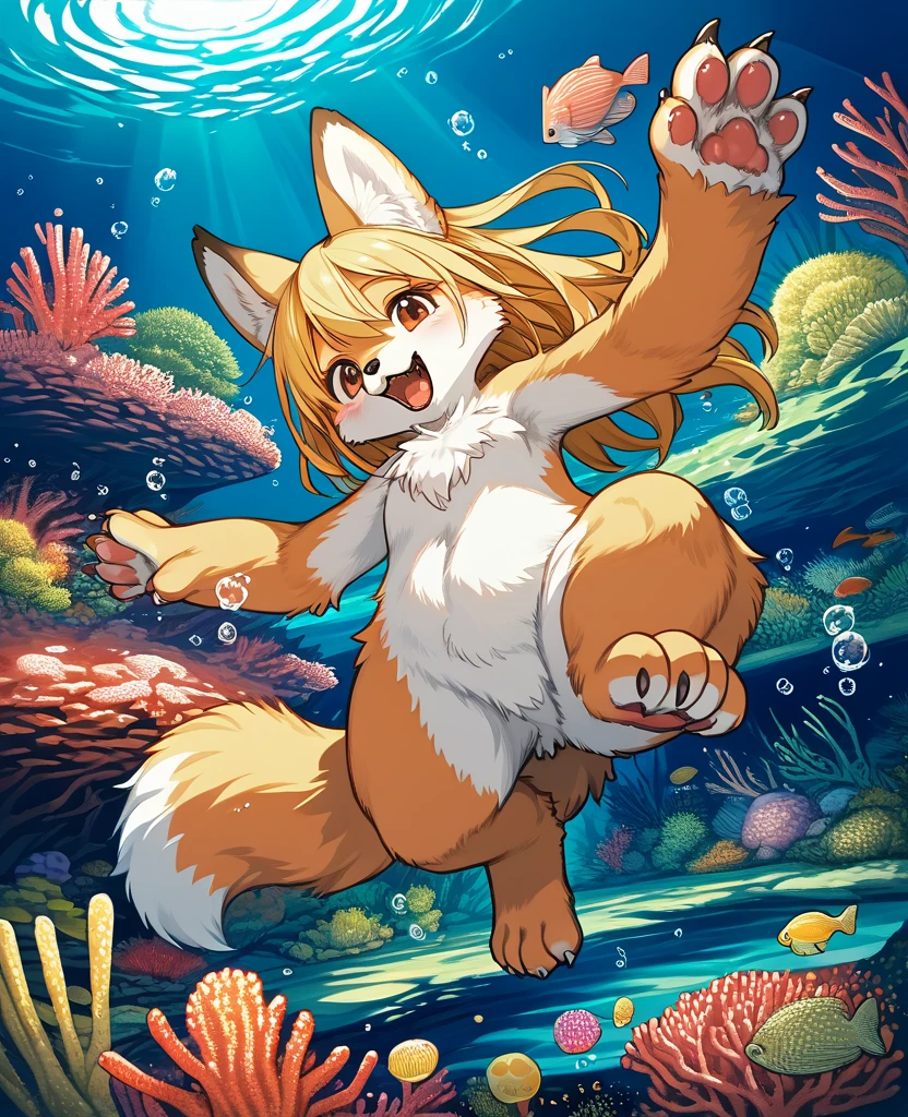 cover_page, High resolution, highest quality, highest quality, Paid reward available, High-quality illustrations, An unparalleled masterpiece, Perfect artwork, Absurd, 超High resolution, Detailed Background, seabed, Coral Reef, bubble, boy, girl, Happy, Joyful(kemono, Furry Personification),Castration surgery，