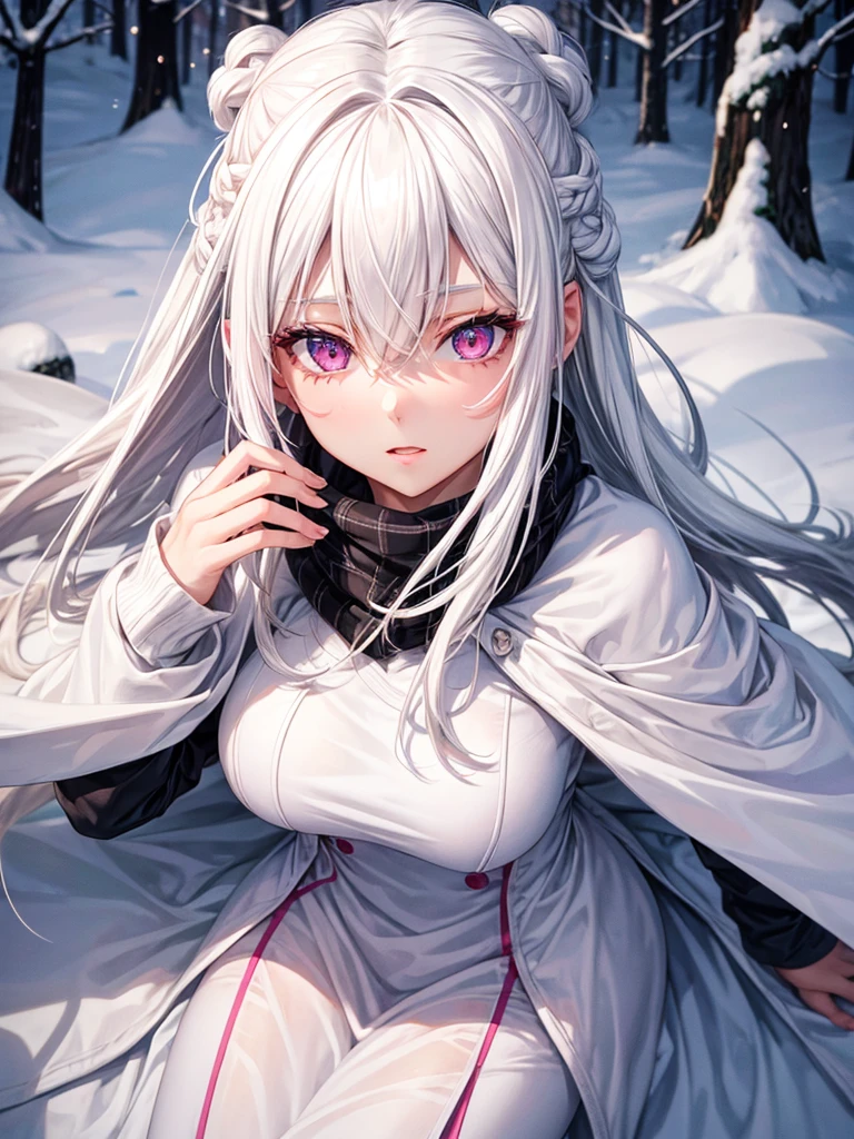 Beautiful girl, white hair, pink eyes, winter wear