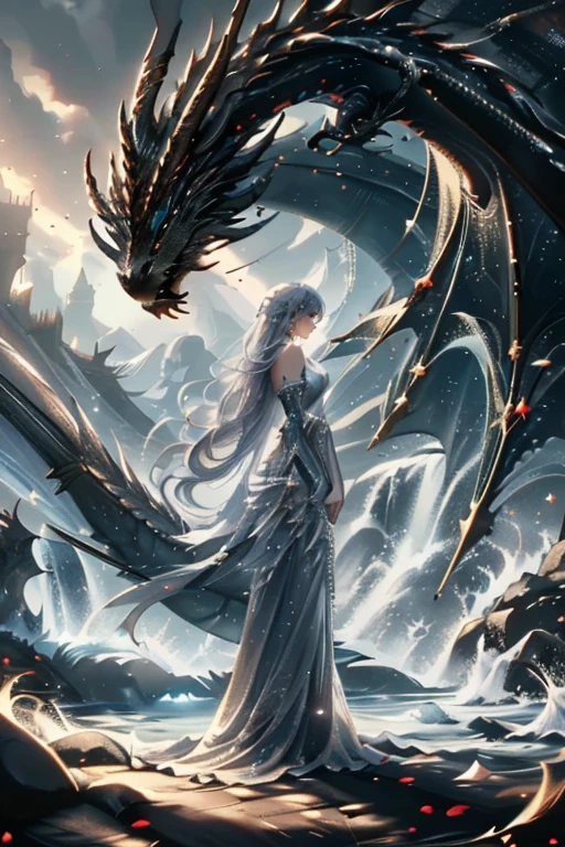 1girl and 1dragon,dragon,she holding sword,she is warrior,knight