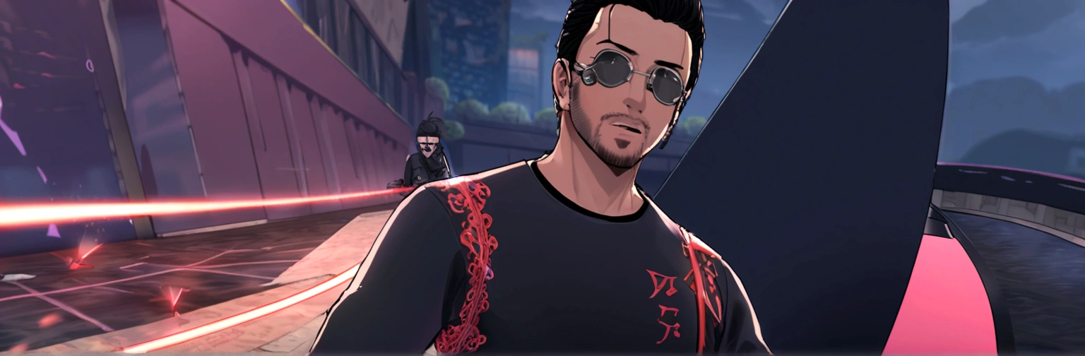 a black-haired anime man wearing aviator glasses,extremely detailed portrait,cinematic lighting,dramatic dynamic pose,8k resolution,stunning masterpiece,black background,red wine glass,black electric guitar in hand