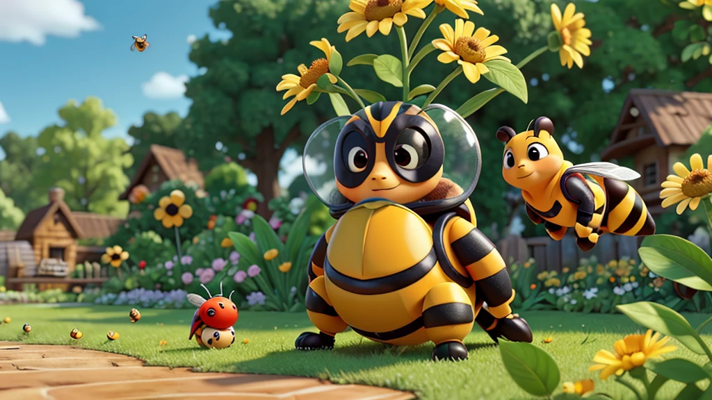 bees and ladybug pollinating a plant in a garden. (cartoon) without texts