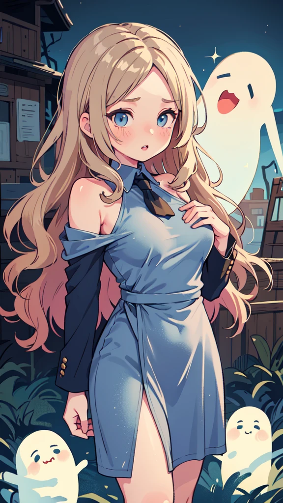 (masterpiece, best quality), Silk wrap dress with a fitted blazer, Belle, Average Height, Athletic, Diamond-Shaped Face, Olive Skin, Strawberry Blonde Hair, grey-blue Eyes, Straight Nose, Thick Lips, Round Chin, Shoulder-Length Hair, Fine Hair, Long Curly Hair, soft breasts, , shimmer metallic lipstick, an eerie, abandoned ghost town