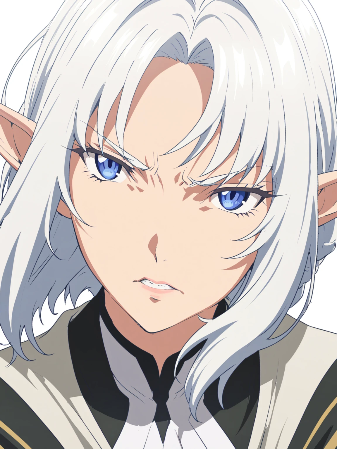 {{portrait, face focus}} {{Artist: Sincos}} 1 woman, solo, mature female, elf elegant, princess, pointy ears, blue eyes, short hair, white hair, determined, large breasts, white tunic.