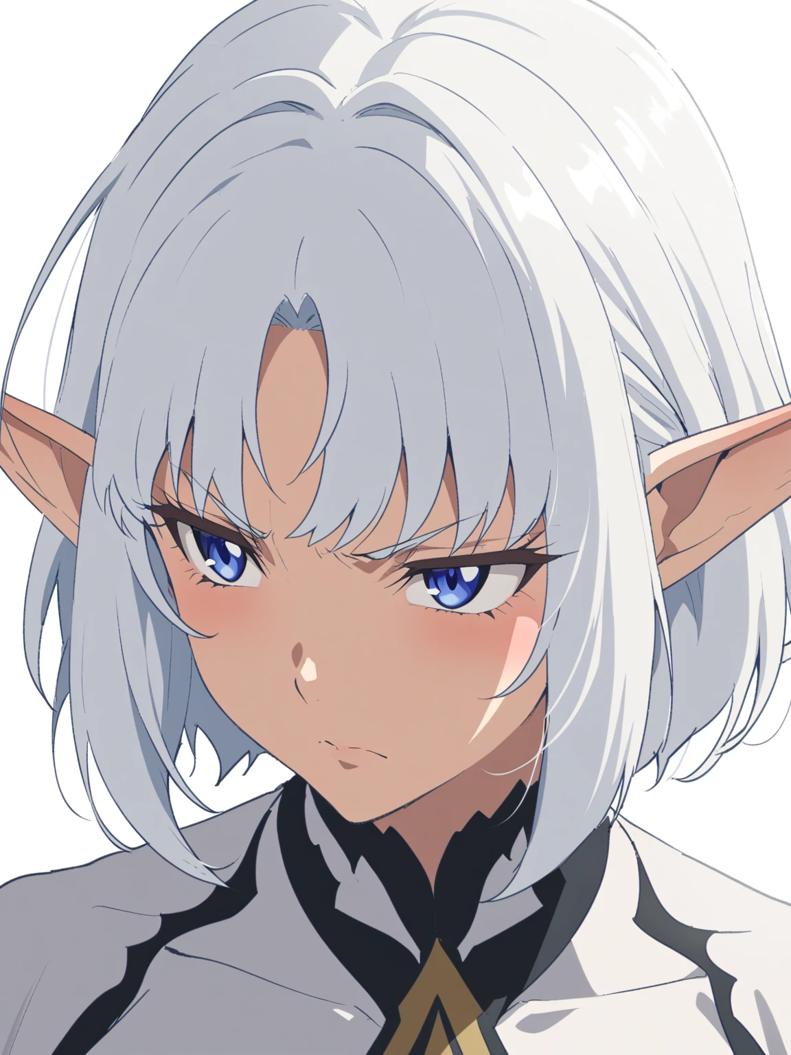{{portrait, face focus}} {{Artist: Sincos}} 1 woman, solo, mature female, elf elegant, princess, pointy ears, blue eyes, short hair, white hair, determined, large breasts, white tunic.