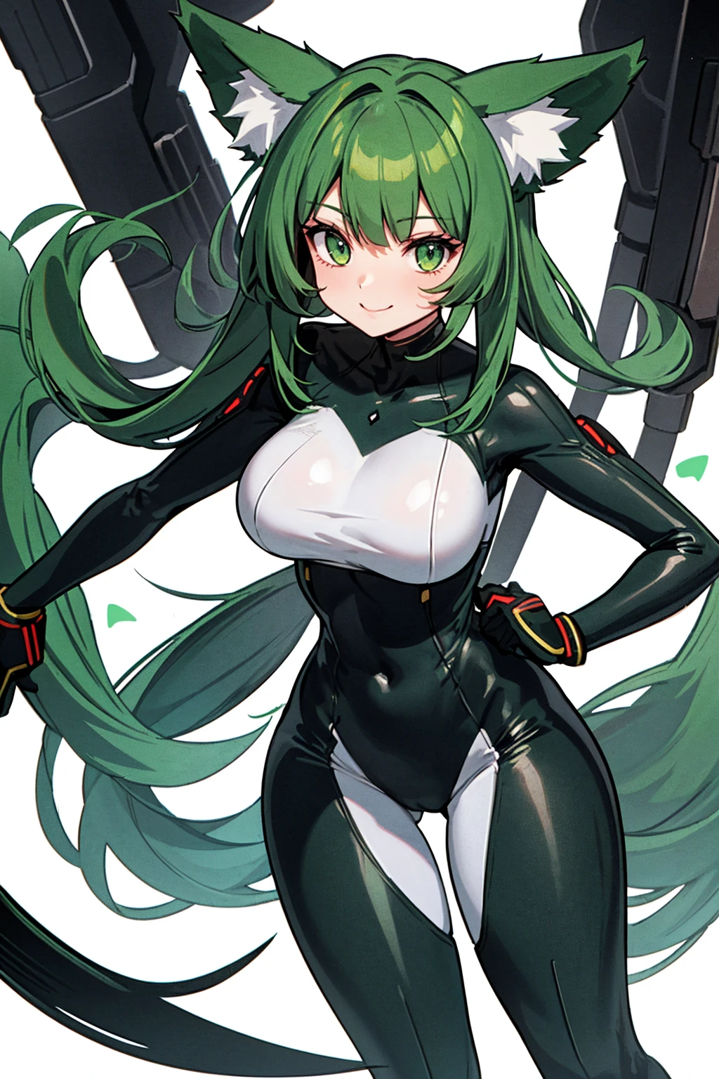 whole body,Standing posture, (alone,Dark green hair,Quad Tail,Fox ears,) (One girl, Big Tits), (beautifully drawn face:1.2) (Plug Suit:1.3,Green clothes) smile,(White background)