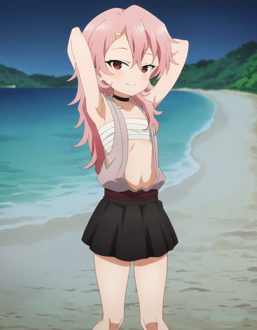 benisumomo, anime coloring ,BREAK source_anime, anime, long hair, hair ornament, red eyes, navel, pink hair, japanese clothes, choker, hairclip, flat chest, black choker, sarashi, chest sarashi, black skirt, high quality, solo, night sky, beach, arms behind head, contrapposto, closed mouth, spread armpits, full body, looking at viewer, smile, best quality, puffing chest,