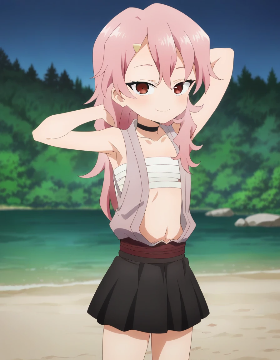 benisumomo, anime coloring ,BREAK source_anime, anime, long hair, hair ornament, red eyes, navel, pink hair, japanese clothes, choker, hairclip, flat chest, black choker, sarashi, chest sarashi, black skirt, high quality, solo, night sky, beach, arms behind head, contrapposto, closed mouth, spread armpits, full body, looking at viewer, smile, best quality, puffing chest,