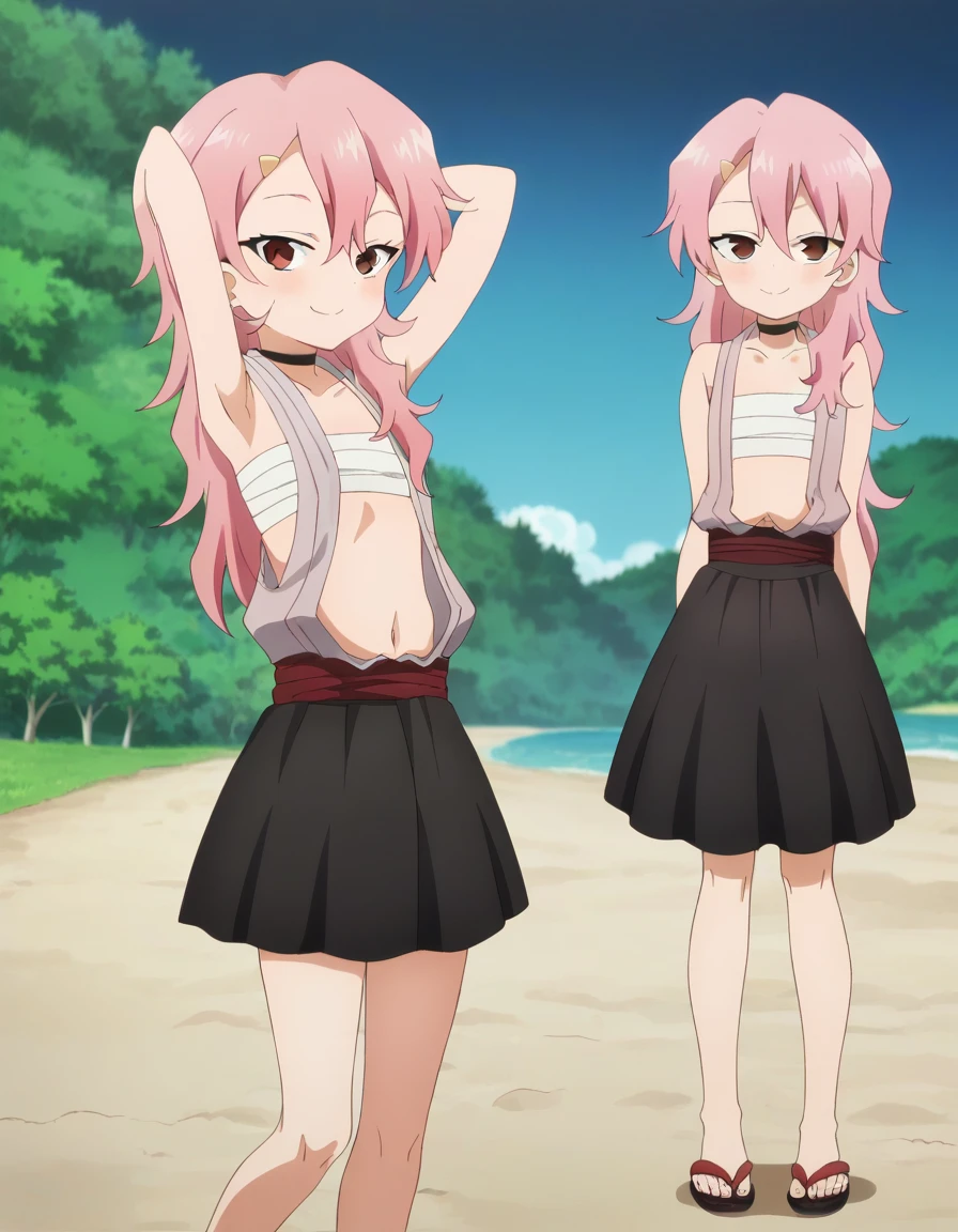 benisumomo, anime coloring ,BREAK source_anime, anime, long hair, hair ornament, red eyes, navel, pink hair, japanese clothes, choker, hairclip, flat chest, black choker, sarashi, chest sarashi, black skirt, high quality, solo, night sky, beach, arms behind head, contrapposto, closed mouth, spread armpits, full body, looking at viewer, smile, best quality, puffing chest,