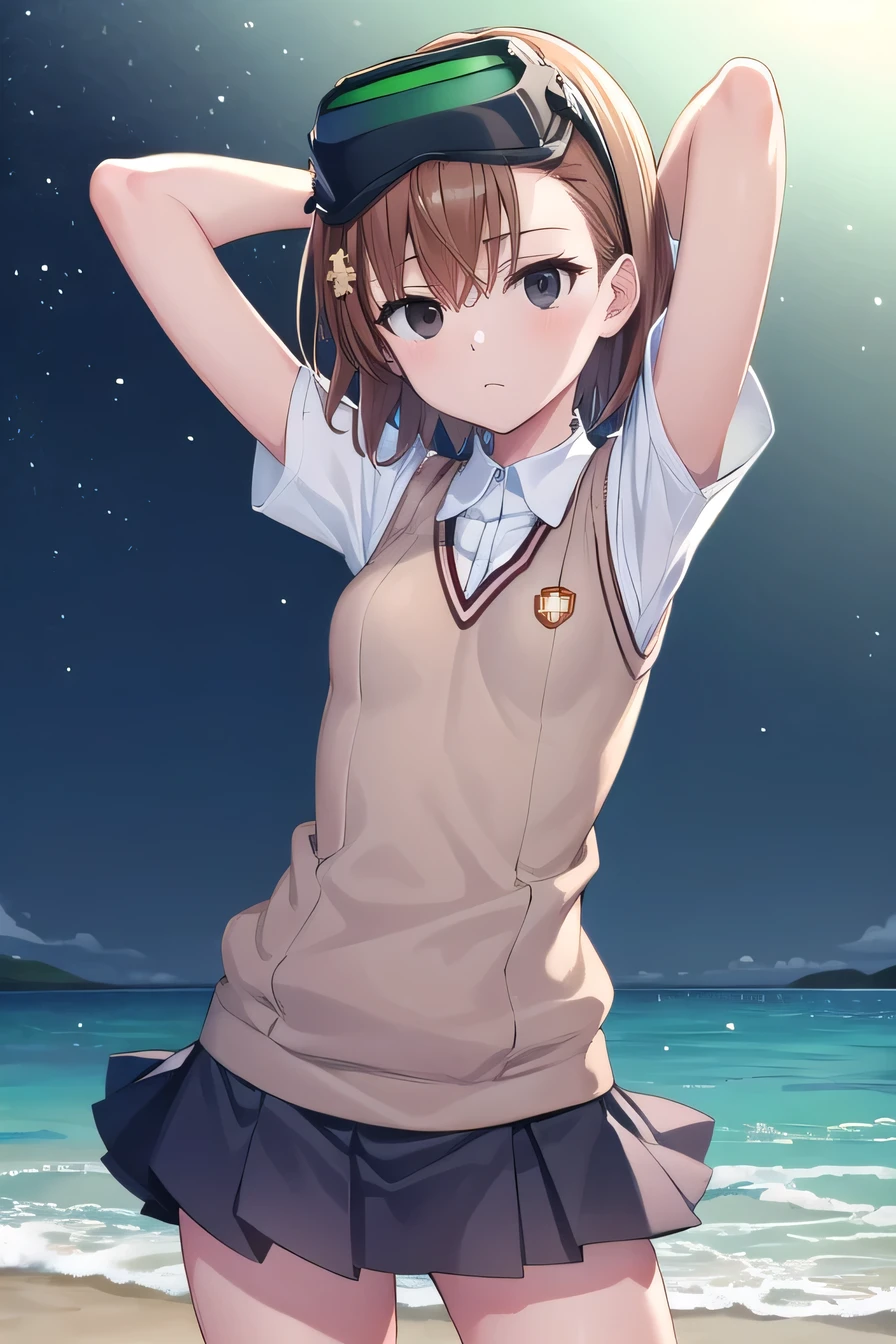 misaka imouto, short hair, brown hair, black eyes, empty eyes, goggles, goggles on head, head-mounted display, , sweater vest, shirt, skirt, white shirt, pleated skirt, v-neck, short sleeves, tokiwadai, solo, night sky, beach, arms behind head, contrapposto, spread armpits, closed mouth, (cowboy shot:1.5), looking at viewer, shaking hips,