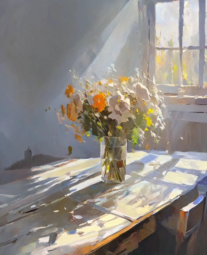 Withered bouquet on a desk,oil,There is cutlery on the table,Light is shining through the window