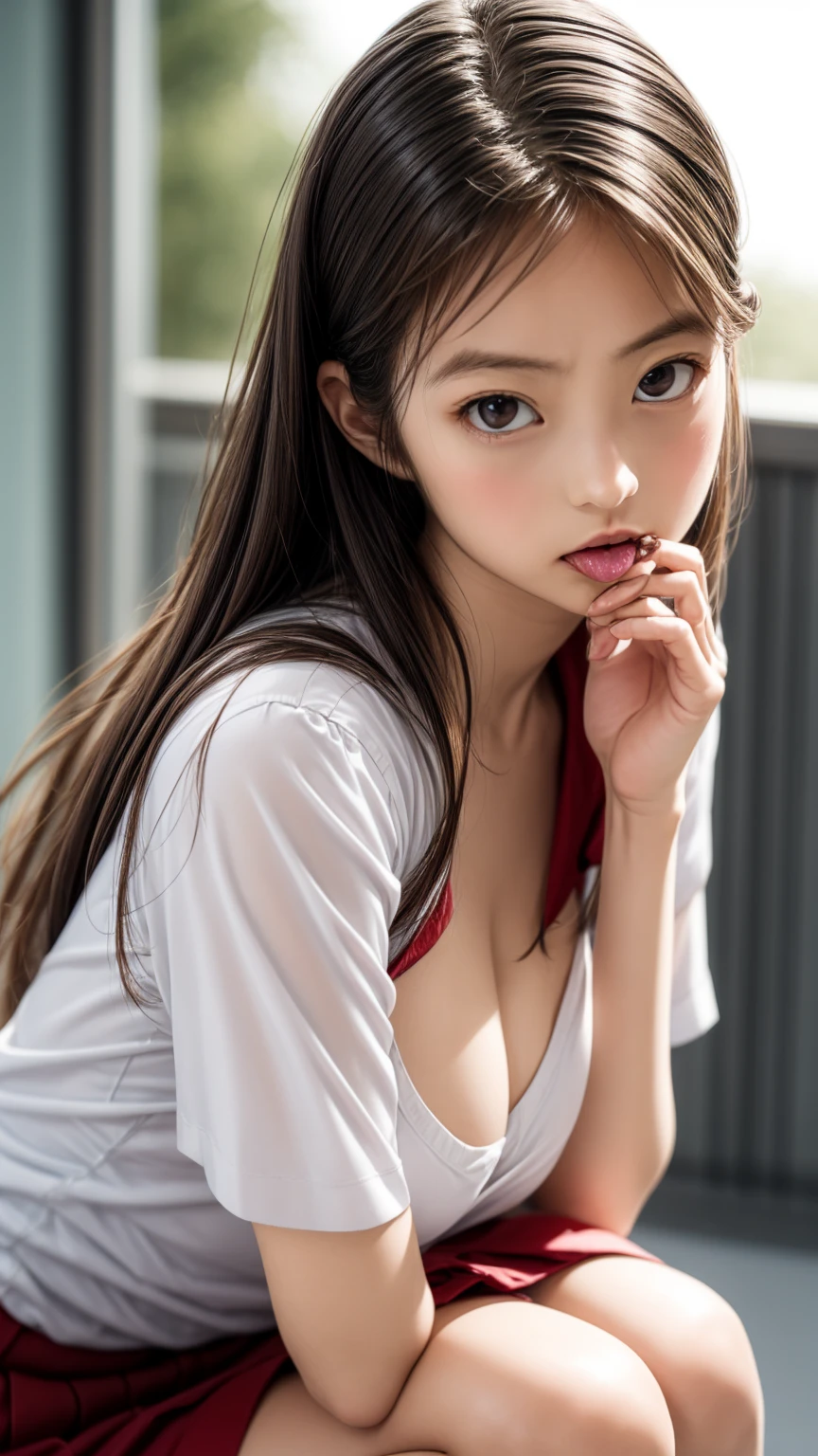 8K quality、High resolution、Realistic skin texture、High resolutionの瞳、woman、Japanese summer high school girls uniform、Princess Hair、thin、リアルなwoman性器、Small breasts、Realistic tongue、Beautiful cleavage、Brown Hair、thin脚、Sweating profusely、Sweat accumulates in the chest、Evening schoolyard、Crouching Start