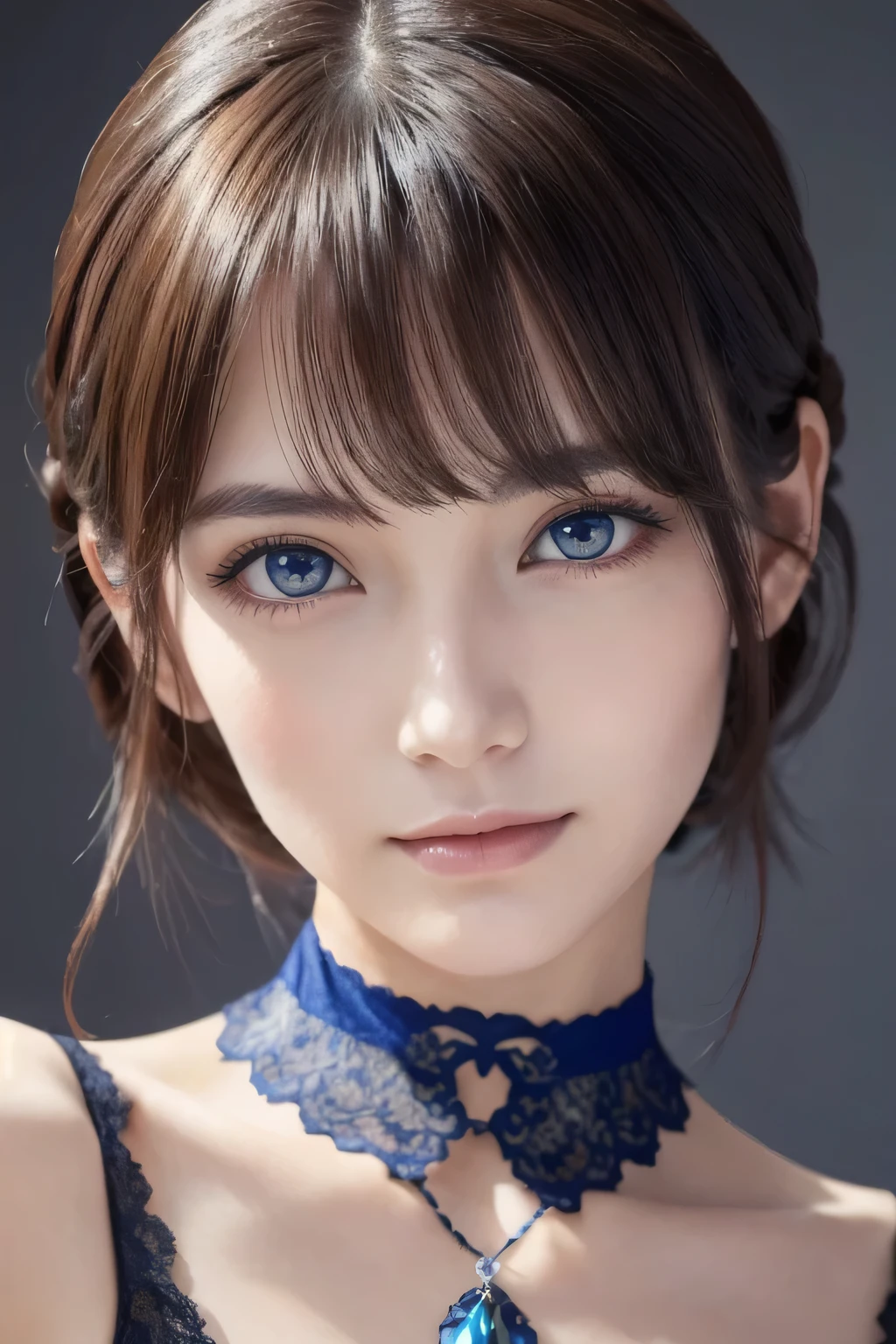 Three adult women with bright yellow eyes and dark blue hair、She is photographed in an elegant pose.。. Their white skin、Adding an air of mysticism to their regal presence。. Slim faceに大きな胸が映える, This is highlighted by the closed cheongsam of the Blue Saint., 『The rise of the bookworm』Reminiscent of Rosemine from., further accentuate their sophisticated and refined demeanor. (highest quality, masterpiece: 1.4), (realism: 1.2), (Realistic: 1.2), 4K, detailed, ultra-detailed, Digital Art,((Big Breasts)), smile, ((Black choker)), Slim figure, (blue eyes), Long eyelashes, bangs, Beautiful shiny brown hair, Nogizaka Idol, Slim face