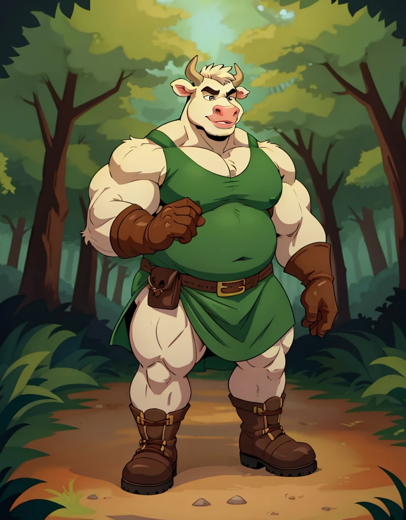 A male chubby muscular anthropomorphic cow a wearing skimppy sleavless tunic, boots, and gloves, in a forest