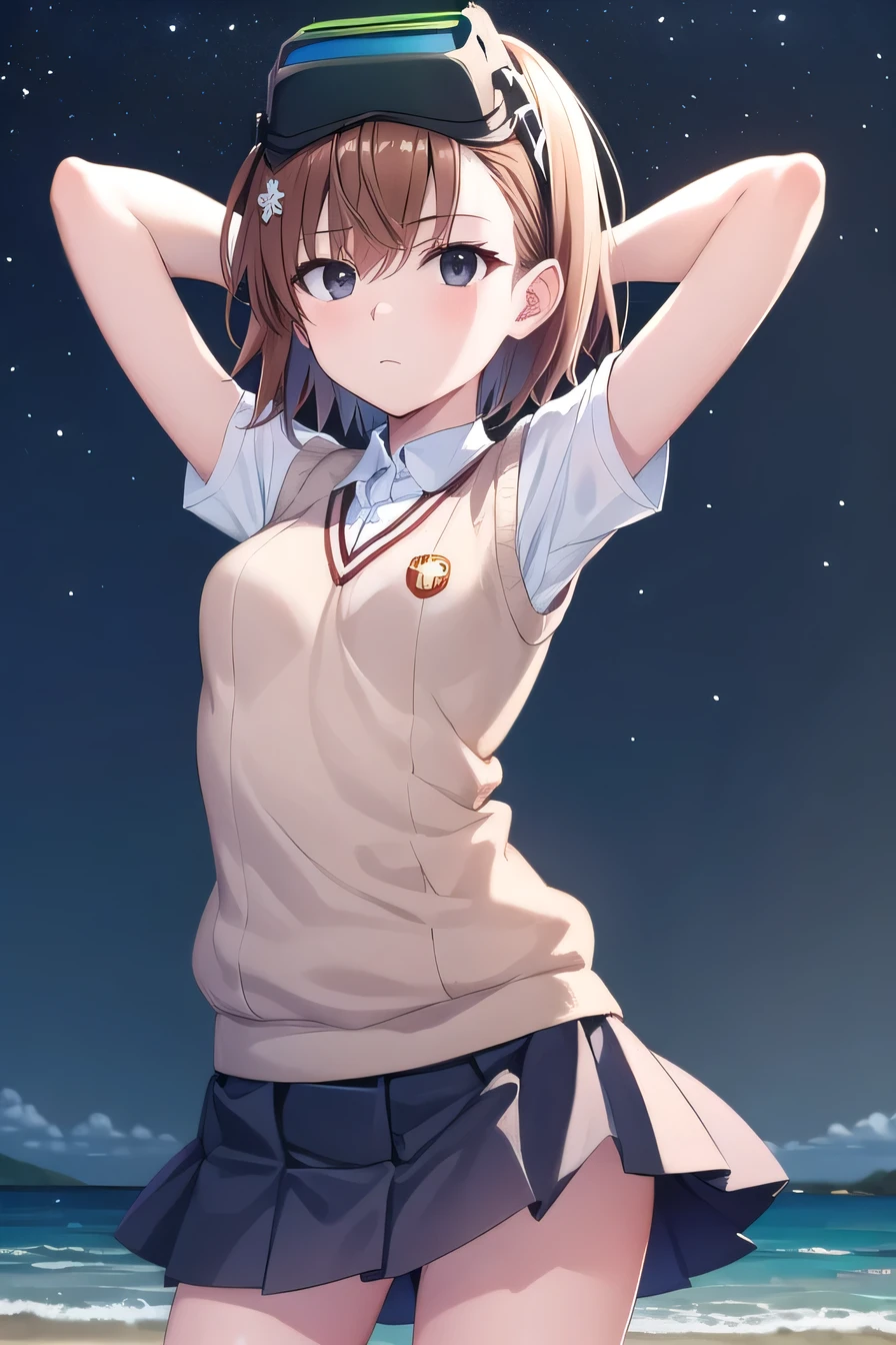 misaka imouto, short hair, brown hair, black eyes, empty eyes, goggles, goggles on head, head-mounted display, , sweater vest, shirt, skirt, white shirt, pleated skirt, v-neck, short sleeves, tokiwadai, solo, night sky, beach, arms behind head, contrapposto, spread armpits, closed mouth, (cowboy shot:1.5), looking at viewer, shaking hips,