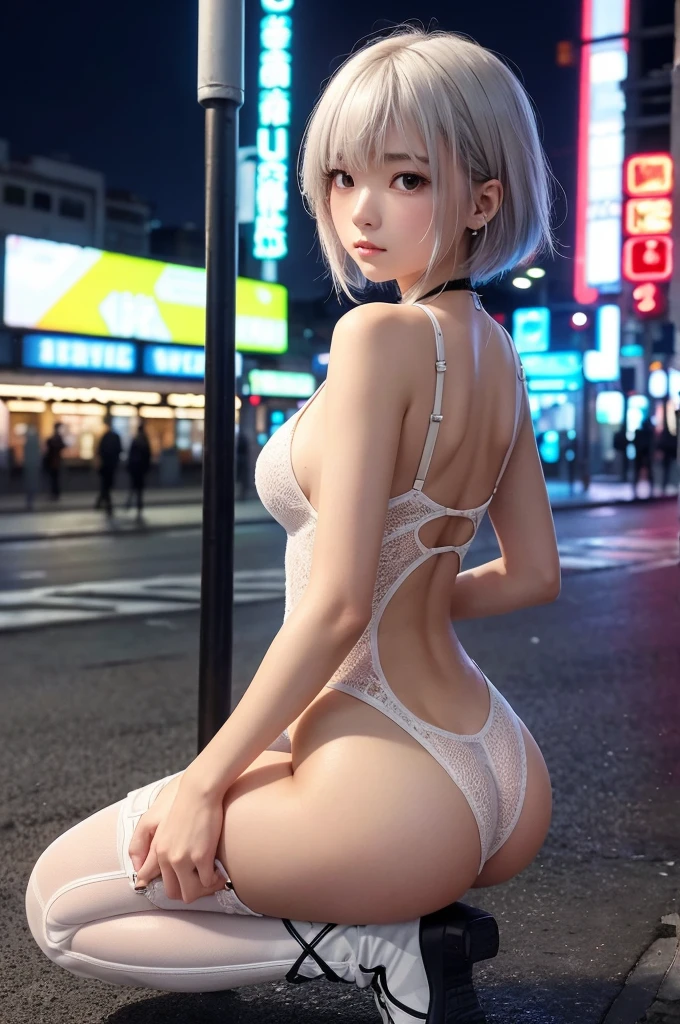 In the center of the image is the、It depicts a beautiful Japanese girl with short silver hair and cosmic beauty.。She is wearing a white lace bodysuit、The design is very ingenious、It fits snugly to the body。The back of the bodysuit is woven with strings.、Very elegant。On her legs she wears white lace-up boots.、The boots are also very stylish.。
she sits on the ground、Her back is leaning against a neon light pole。The neon lights emit strong red and orange light.、The light illuminates her skin.。The neon lights are very bright、It adds a warm tone to her skin.。Her expression is a little sad、His eyes seem to be looking into the distance.。
A part of the city is depicted in the background.、There is graffiti on the wall。Graffiti is painted with black and white spray paint.、Urban Desolation々It creates a lovely atmosphere.。The walls themselves are a bit old、Place々Rust and dirt are visible on。
The use of light is very effective、The contrast between the bright neon lights and the dark background is clear.。The light shines on her hair and skin.、Reflected in the costume、It gives the whole piece a dramatic feel.。moreover、Her skin has areas that reflect the neon light and areas that are in shadow.、It is very three-dimensionally drawn.。
This image is、It captures a quiet moment in a corner of the city,、Has a strong visual impact。Her fashion and neon lights、The city background blends in beautifully.、It creates a very fascinating scene.。This piece is packed with modern and artistic elements that users love.。