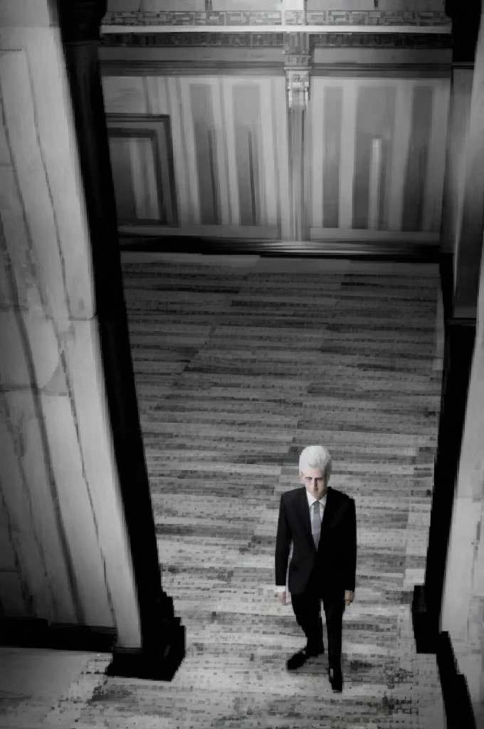 1man, alone, business suit, neat white hair cut, blurryface, blurred face, plain patterns, monochromatic, black and white, shades of grey, shades of gray, old manor background, mansion interior, old playstation style game, lorelei and the laser eyes style, game style, vintage