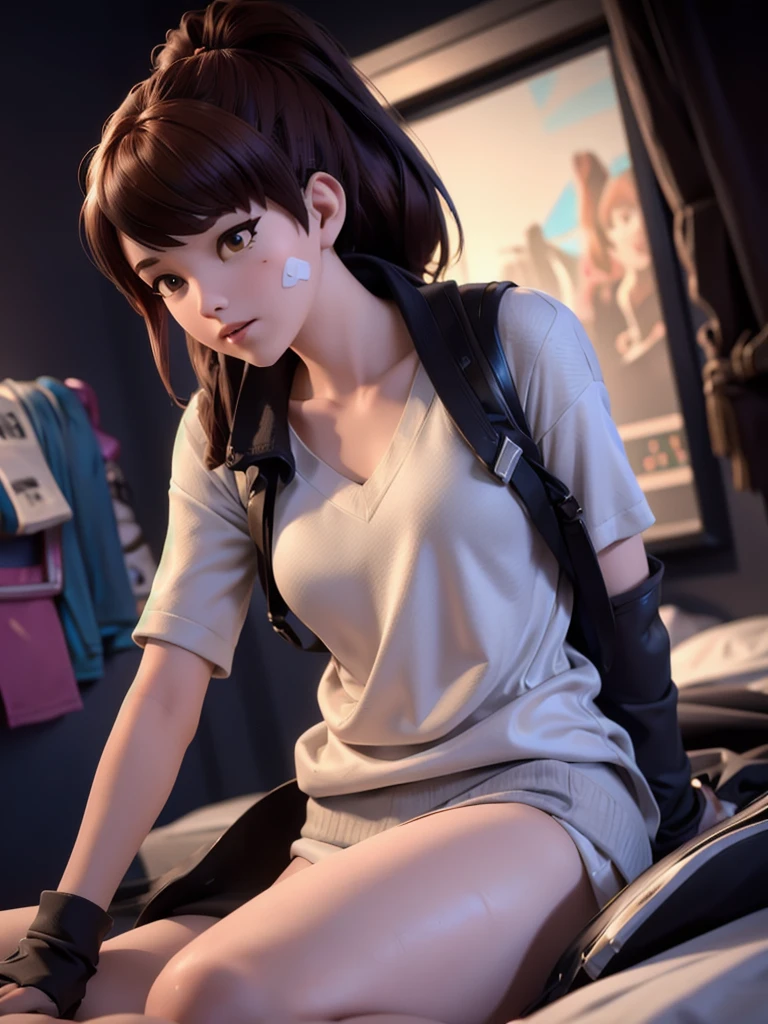 (DVA from Overwatch) without mech, a beautiful woman with short brown hair in a (ponytail), high quality refelctions, volumetric lighting, wearing a (plain white t-shirt), in her bedroom on her bed, 1 girl solo, cinematic lighting, high resolution, physically-based rendering, extremely detailed, 8k, volumetric lighting, hyperrealistic, detailed facial features, masterpiece, intricate details, full upper body, gaming setup in background, cinematic, you can see the fabric of the shirt and the knits very detailed, small breasts, nsfw, the focus is on her whole body and the environment, cinematic screenshot