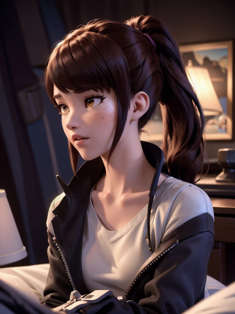 (DVA from Overwatch) without mech, a beautiful woman with short brown hair in a (ponytail), high quality refelctions, volumetric lighting, wearing a (plain white t-shirt), in her bedroom on her bed, 1 girl solo, cinematic lighting, high resolution, physically-based rendering, extremely detailed, 8k, volumetric lighting, hyperrealistic, detailed facial features, masterpiece, intricate details, full upper body, gaming setup in background, cinematic, you can see the fabric of the shirt and the knits very detailed, small breasts, nsfw, the focus is on her whole body and the environment, cinematic screenshot