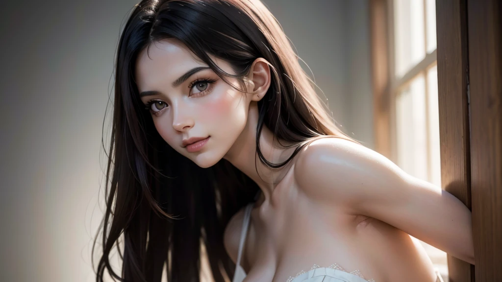 Soft portrait of a beautiful woman, flowing dark hair, captivating gaze, elegant features, radiant smile, feminine beauty, subtle makeup, striking eyes, long lashes, graceful posture, stylish attire, soft shadows, warm skin tones, detailed portrait, realistic style, high-resolution, delicate lighting, digital painting, by Sofia Bonati, Behance.
