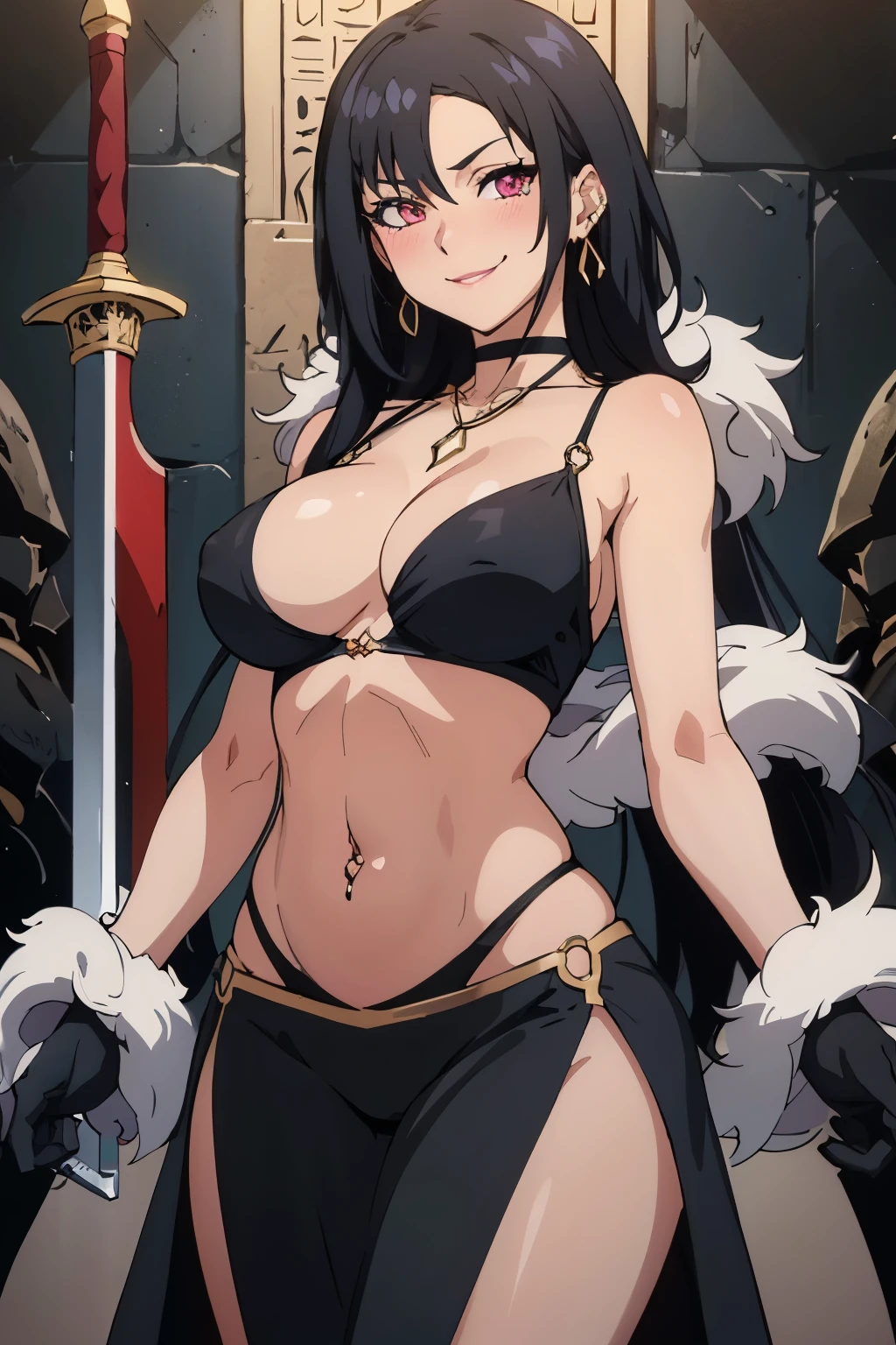 ,Loly_Aivirrne, 1girl, solo, long hair, black hair, large breasts, blush, lipstick, long hair, crazy eyes , fur trim, mature female, gloves, fur-trimmed coat, masterpiece, best quality, highly detailed ,glint,halterneck,gold_choker, complex detailed background,
inside, stone wall, ancient interior, ancient egyptian room, hieroglyphs, dark lighting, dark
atmosphere, (cowboy shot), holding a sword, sword, belly_chain,harem_outfit,navel, necklace,
pelvic_curtain,revealing_clothes, veil,masterpiece,best quality,1girl,mature,evil smile, smile,
female,mature,necklace,pendant, (nsfw) not safe for work, exposed belly, exposed navel, exposed
midriff, exposed lower belly, navel piercing
