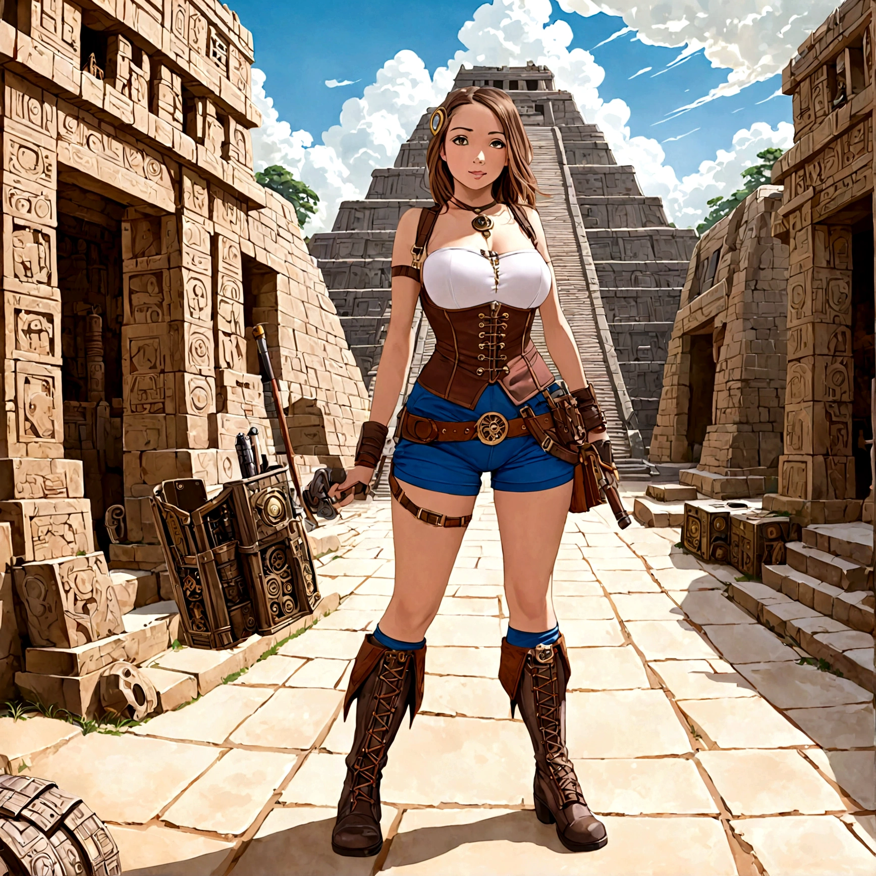 A cute woman is a steam punk adventurer (british shorts, mechanical belt, corset, steam boots, weapons and tools), ancient Mayan ruins