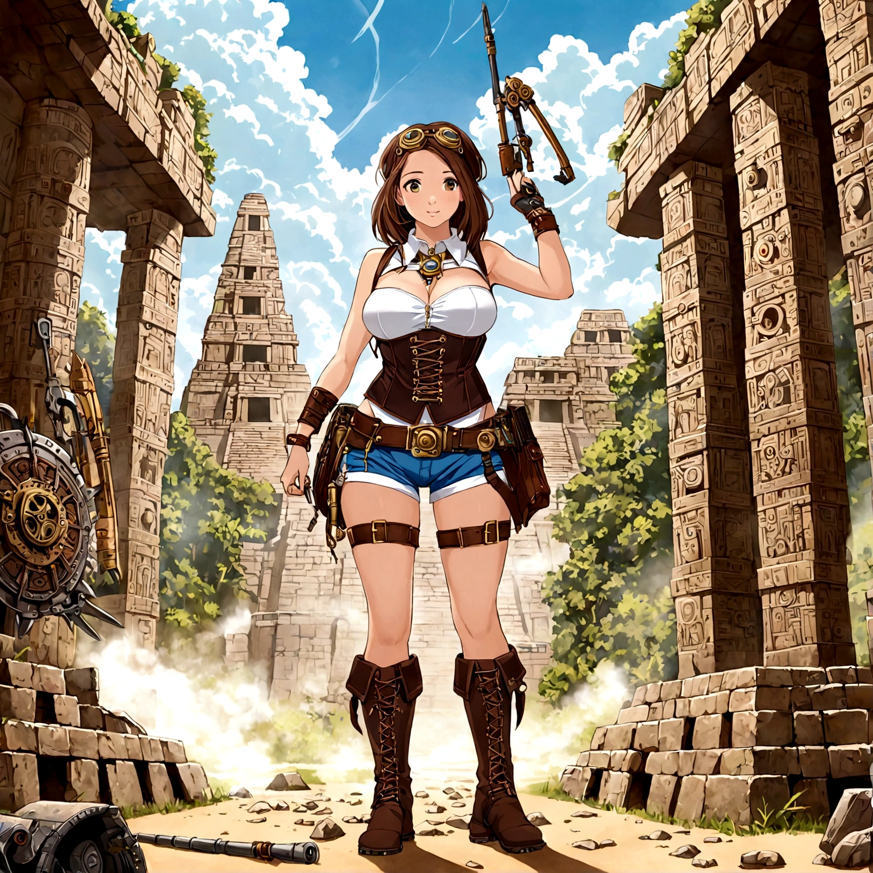 A cute woman is a steam punk adventurer (british shorts, mechanical belt, corset, steam boots, weapons and tools), ancient Mayan ruins