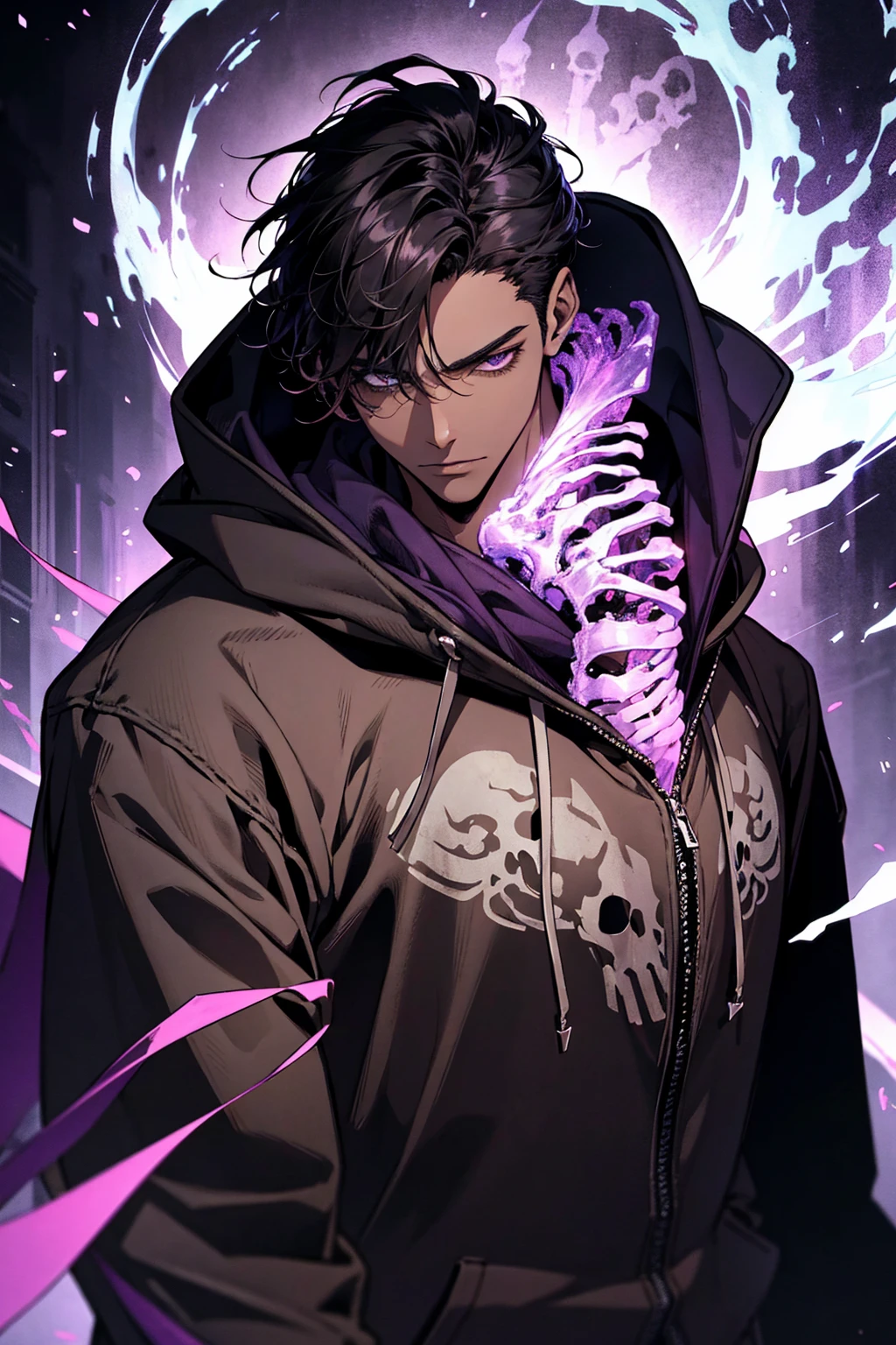male with bones, looking away from camera, skulls, bones, handsome, black, dark skin, tall, broad shoulders, black hair, purple, purple fire, magic, detailed face, fantasy, hoodie