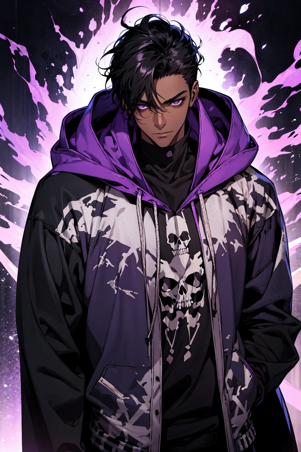 male with bones, looking away from camera, skulls, bones, handsome, black, dark skin, tall, broad shoulders, black hair, purple, purple fire, magic, detailed face, fantasy, hoodie