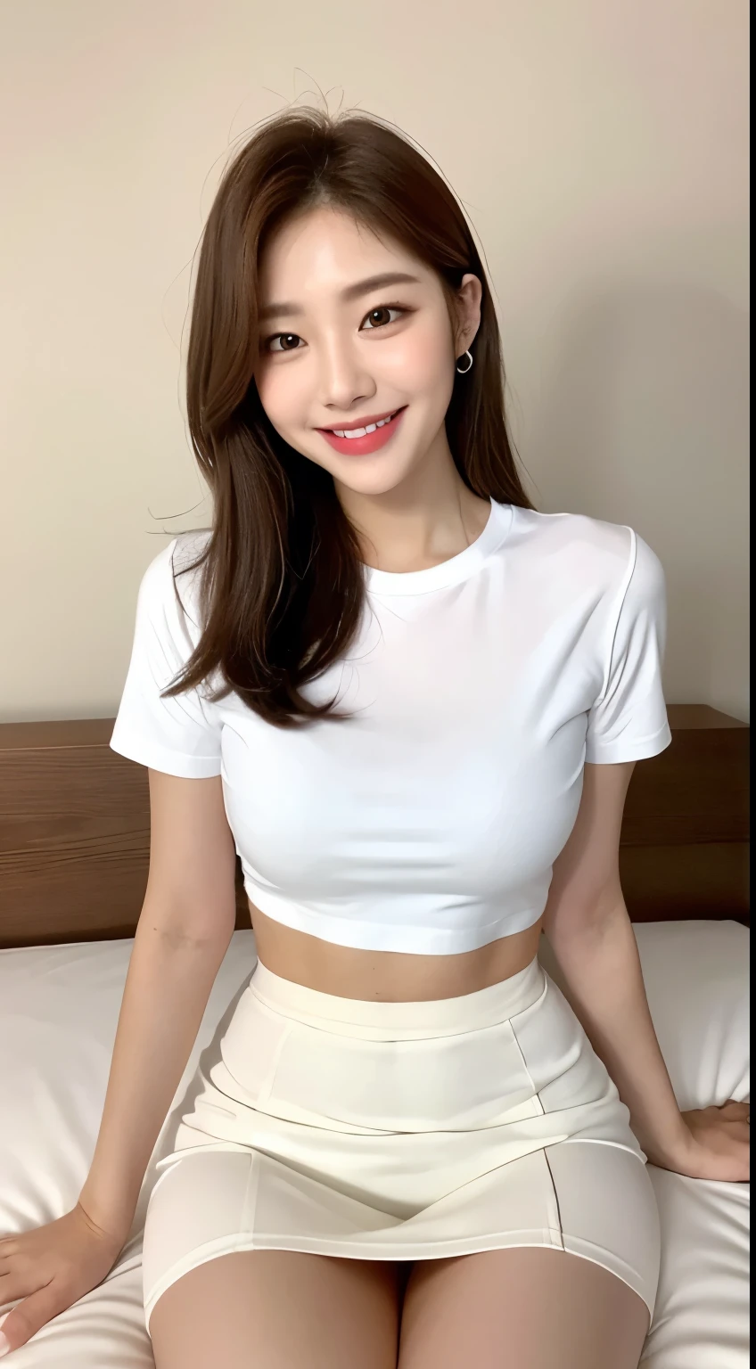White tight shirt、White tight mini skirt、bed、smile、Short sleeve、high resolution、Korean idol face、double eyelid、White teeth、Medium Hair