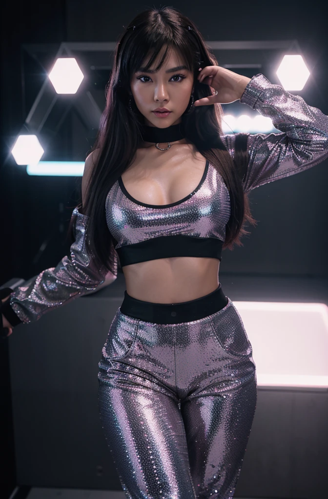 “Generate an HD Ultra Realistic image depicting Young Attractive Asian Woman Sophie Tan as a Y2K pop star. She is dressed in a bedazzled crop top and velour track pants on a set mimicking a high-energy music video dance stage. Use a high-performance DSLR camera with a 70-200mm zoom lens to focus on the sparkle of her attire and the intensity of her alluring gaze (1.3). The set’s dynamic laser lights and fog create a dramatic flair reminiscent of early 2000s music videos. Post-production should include a high-gloss finish and enhance the vibrant lighting to replicate iconic Y2K video aesthetics (1.4).”
