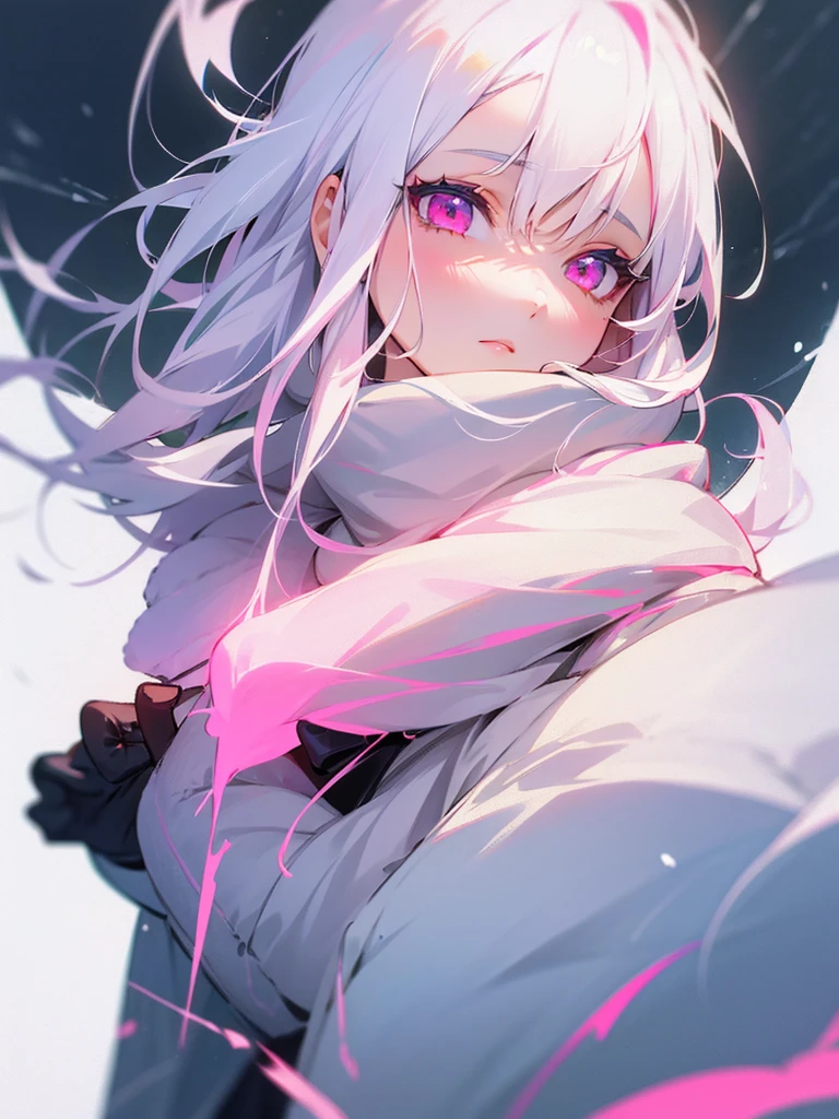 Beautiful girl, white hair, pink eyes, winter wear
