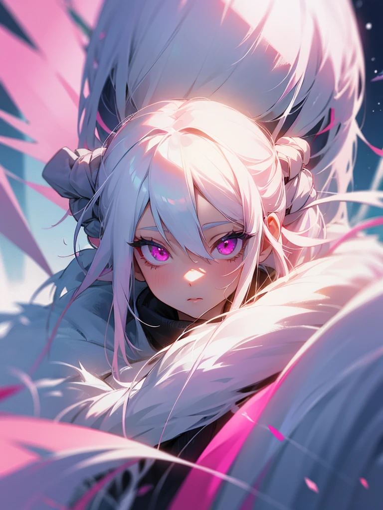 Beautiful girl, white hair, pink eyes, winter wear