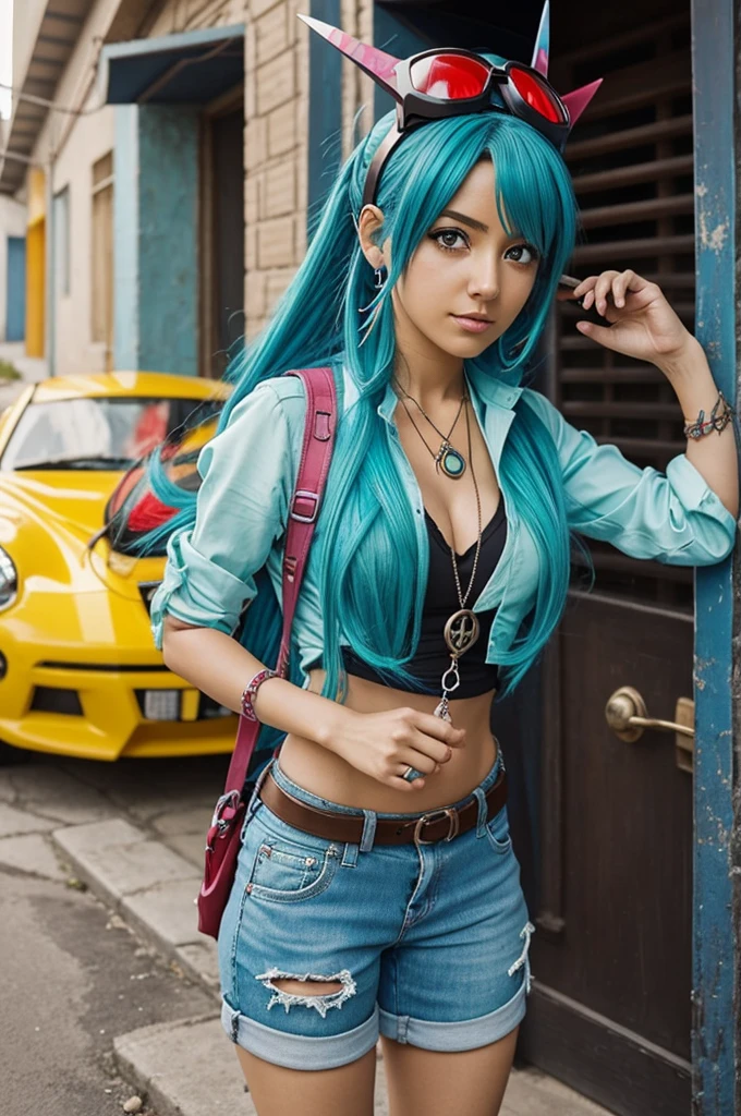 Your anime character would be called Aisha and would have turquoise blue hair., vistiendo con un estilo aventurero y llamativo. Te pareces a Yoko Littner de "Gurren Lagann" and you always carry with you a necklace with a pendant in the shape of a compass. 