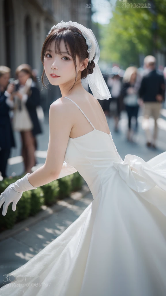 (photograph realistic:1.55), masterpiece, highest quality, detailed, Blurry, depth_of_Field, Blurry_background, Blurry_prospect, 1人of女of子, gloves, white_gloves, dress, motion_Blur, photograph_(Moderate), alone, white_dress
