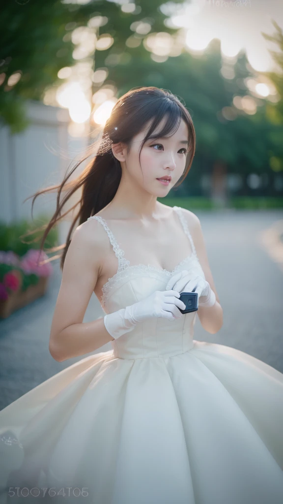 (photograph realistic:1.55), masterpiece, highest quality, detailed, Blurry, depth_of_Field, Blurry_background, Blurry_prospect, 1人of女of子, gloves, white_gloves, dress, motion_Blur, photograph_(Moderate), alone, white_dress