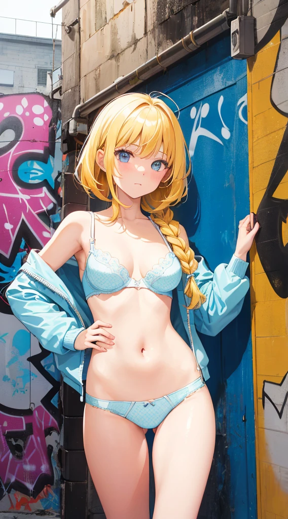 (masterpiece), (best quality), (ultra-detailed),(Style Princess:0.8), Solo, (1girl), single, The face is round and cute, (Dot pattern Panties), ( light blue panties),  light blue bra, ultra-small panties, Exposed shoulders, Exposed thighs,  only panties and bra, Nudie, (Plain panties), (Wrinkled_Panties), extreamly detailed crotch, Crotch line, Standing, Well-endowed, breasts,(Angle from below),  chuckle, My cheeks are red.Overreaction：The girl's surprised expression was、Improbable overreaction.Drawn like a manga or anime。 Cheeks and hands are depicted,yellow Hair,  braid, (graffiti murals wall background:1.15), Brilliant Colorful Paintings, bloom, Against Wall, Bangs, reflection