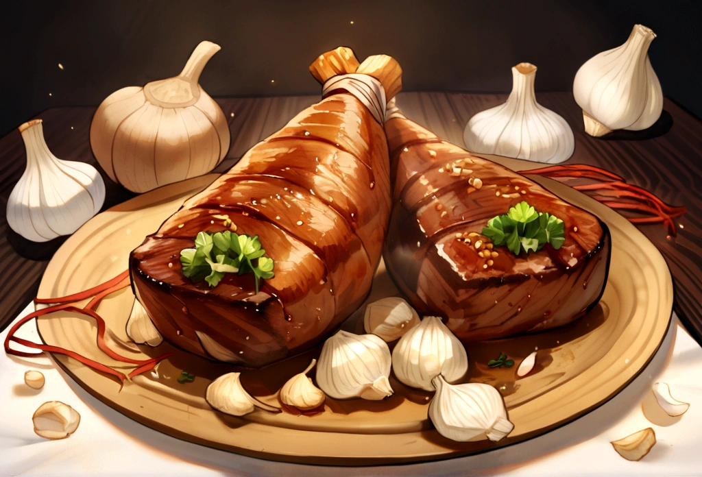 Grilled teriyaki pork tied with string, (garlic, ginger:1.2)