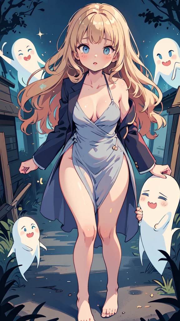 (masterpiece, best quality), Silk wrap dress with a fitted blazer, Belle, Average Height, Athletic, Diamond-Shaped Face, Olive Skin, Strawberry Blonde Hair, grey-blue Eyes, Straight Nose, Thick Lips, Round Chin, Shoulder-Length Hair, Fine Hair, Long Curly Hair, soft breasts, , shimmer metallic lipstick, an eerie, abandoned ghost town