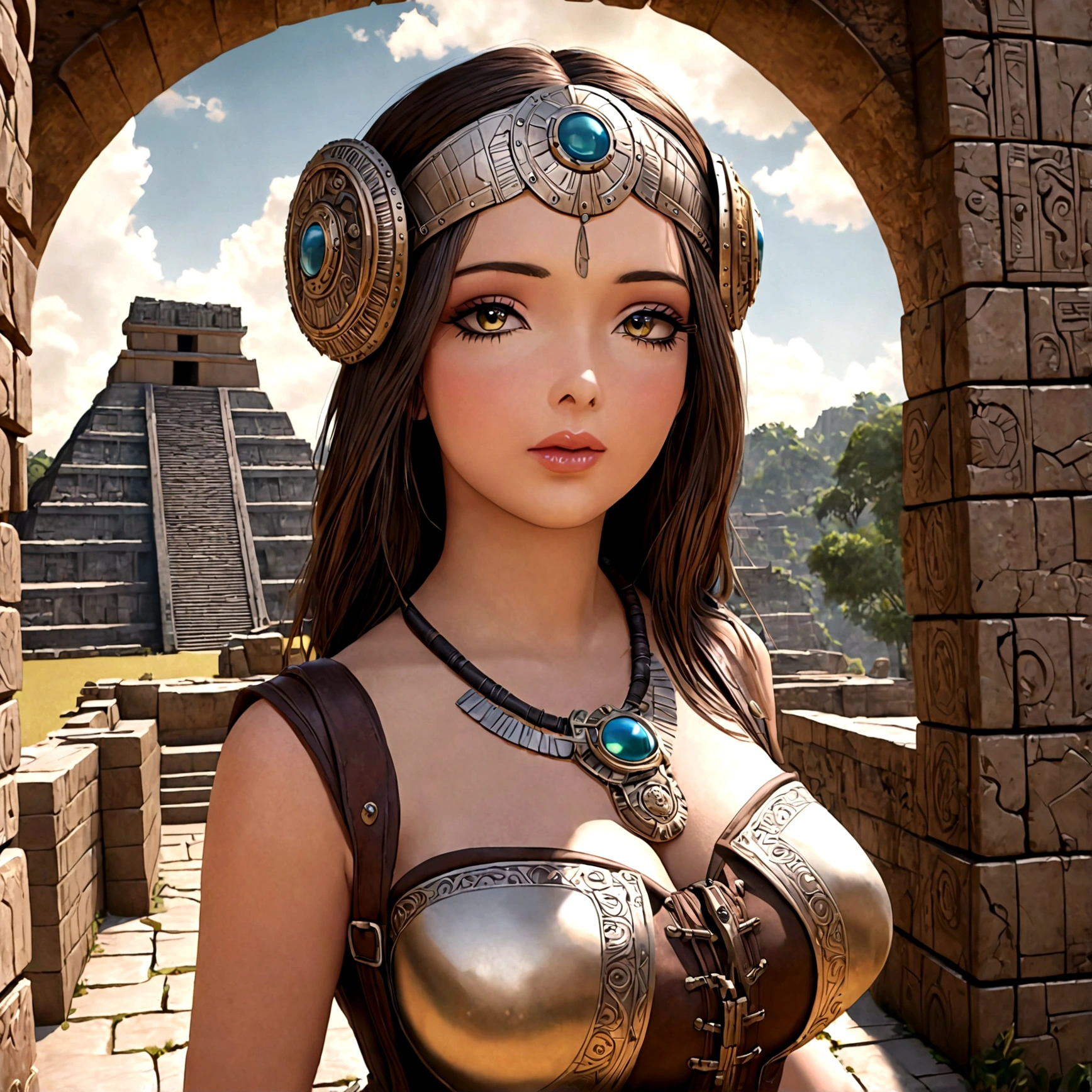 A cute woman, steam punk adventurer, british shorts, mechanical belt, corset, steam boots, weapons and tools, ancient Mayan ruins, (best quality,4k,8k,highres,masterpiece:1.2),ultra-detailed,(realistic,photorealistic,photo-realistic:1.37),detailed face, beautiful detailed eyes, beautiful detailed lips, extremely detailed eyes and face, long eyelashes, concept art, cinematic lighting, warm color tones, dramatic lighting