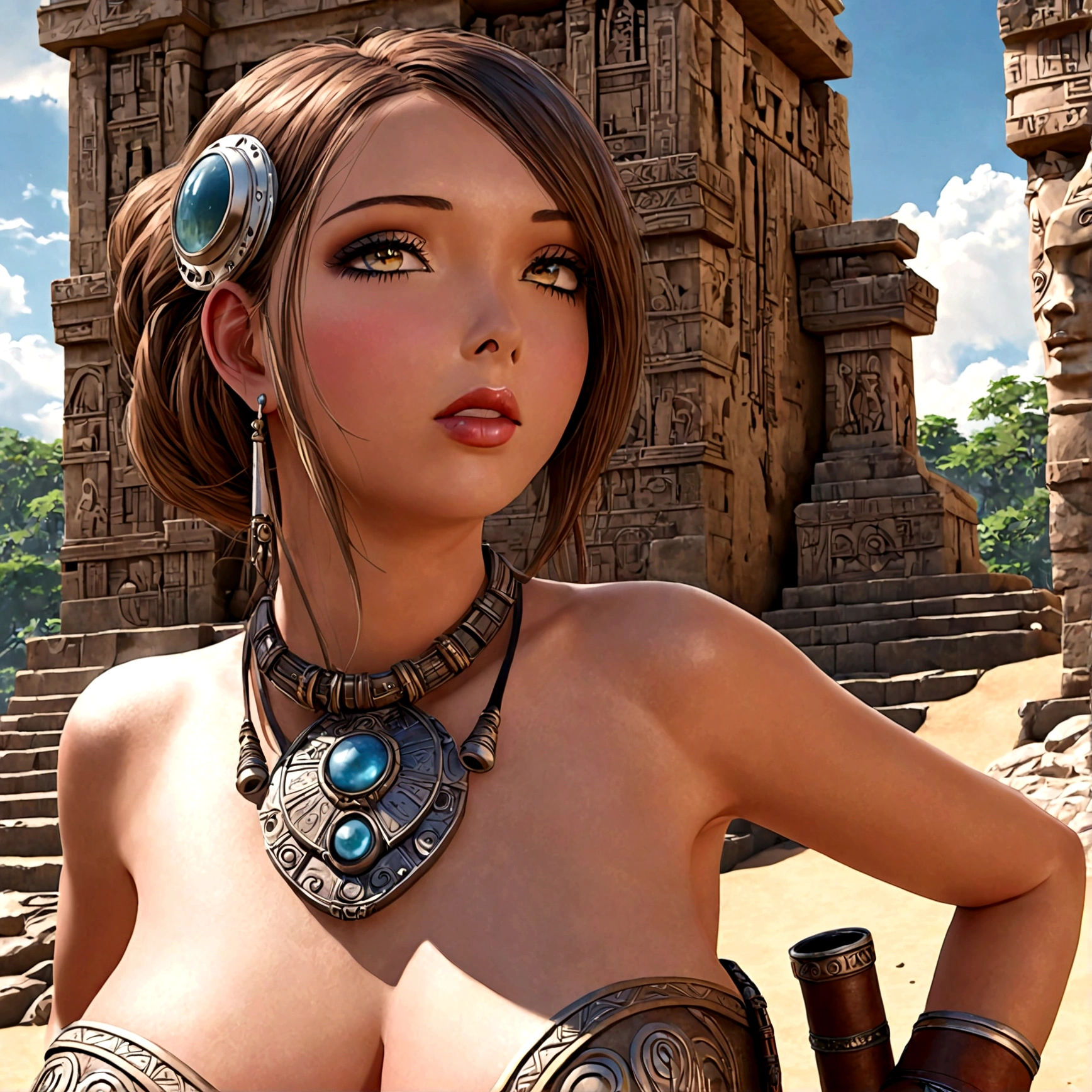 A cute woman, steam punk adventurer, british shorts, mechanical belt, corset, steam boots, weapons and tools, ancient Mayan ruins, (best quality,4k,8k,highres,masterpiece:1.2),ultra-detailed,(realistic,photorealistic,photo-realistic:1.37),detailed face, beautiful detailed eyes, beautiful detailed lips, extremely detailed eyes and face, long eyelashes, concept art, cinematic lighting, warm color tones, dramatic lighting